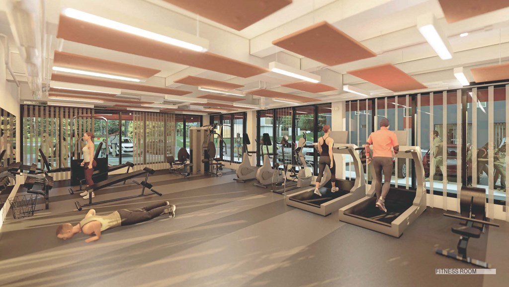 a rendering of a gym with people working out in it