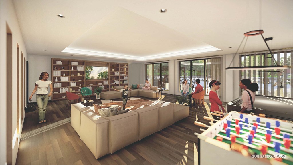 a rendering of a living room with people in it