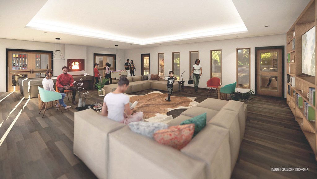 a rendering of a living room with people in it