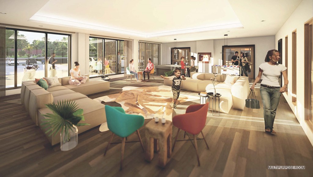 a rendering of a living room with people in it