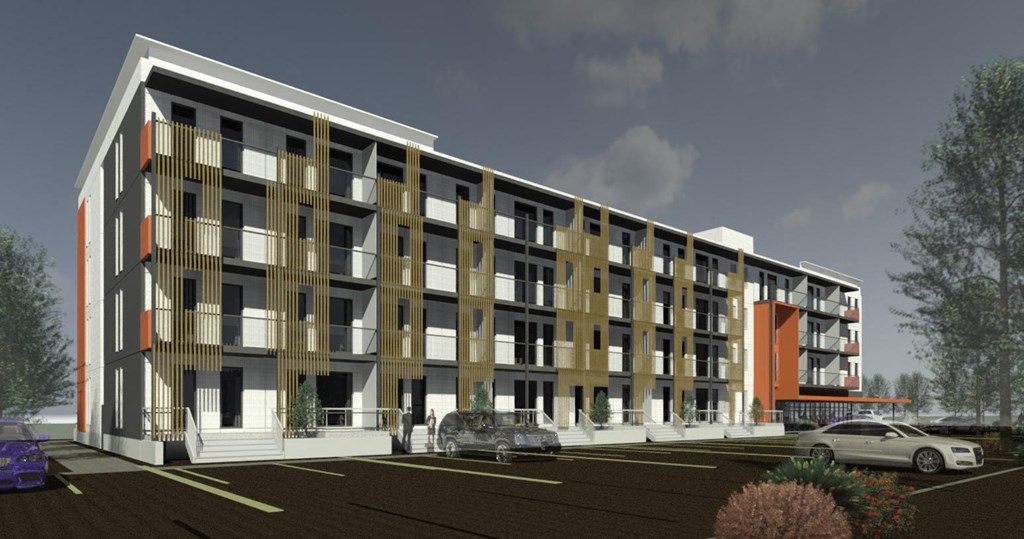 a rendering of an apartment building with cars parked in front of it