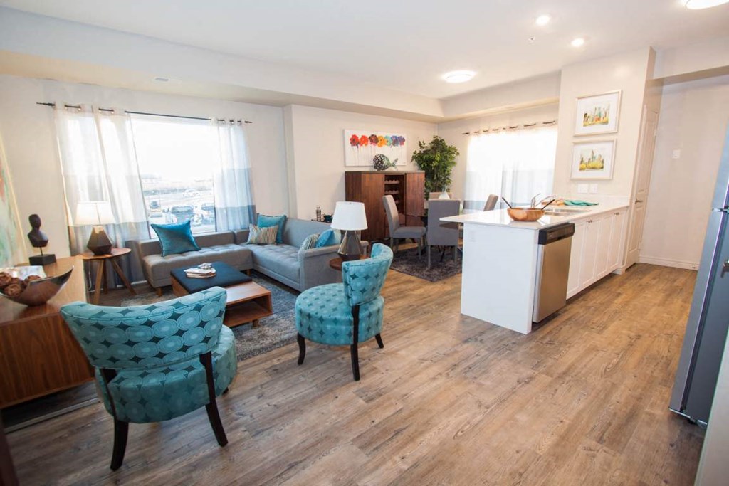 a living room and kitchen in an apartment