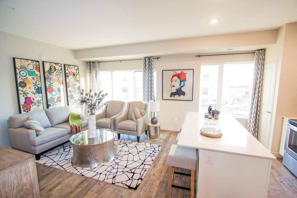 a living room with a couch and a table