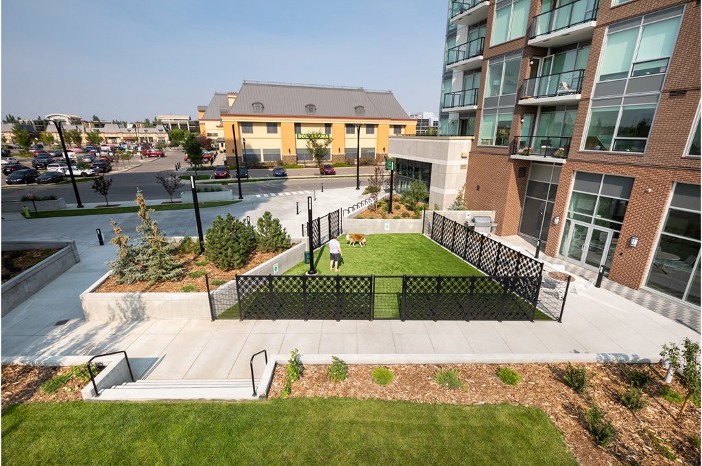 A modern building with a green space in front.