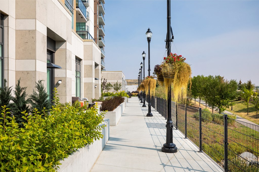 A long walkway with a black fence and a lamp post with hanging plants.