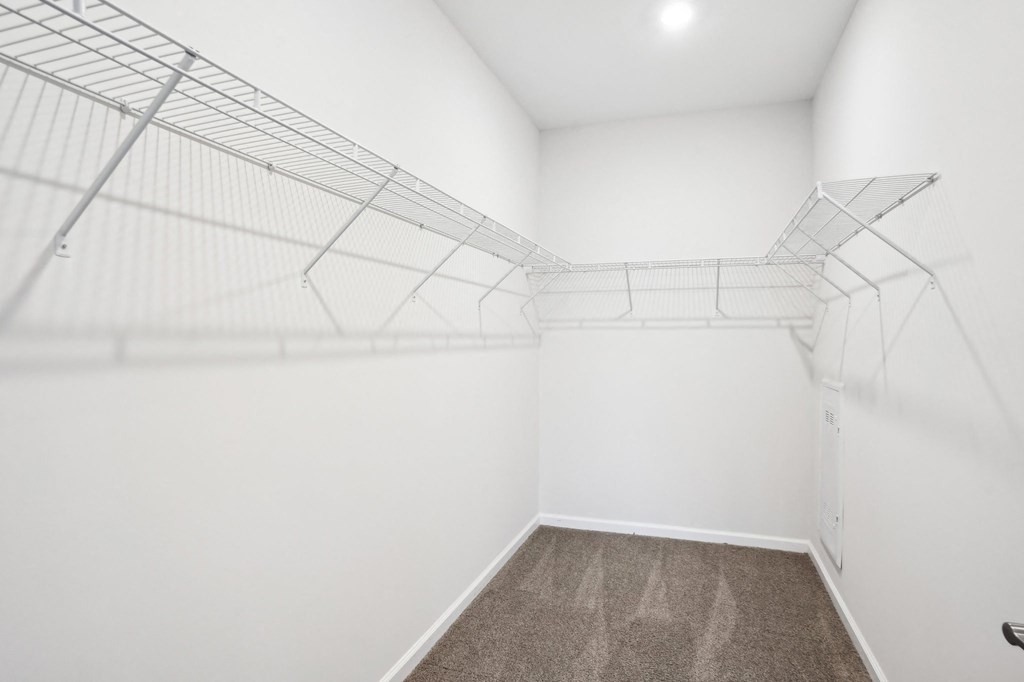 A white room with a carpeted floor and a metal shelving unit.