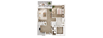 A detailed floor plan of a modern apartment with a living room, kitchen, and bathroom.