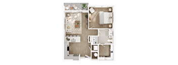 A top-down view of a well-organized apartment with a kitchen, living room, and bedroom.