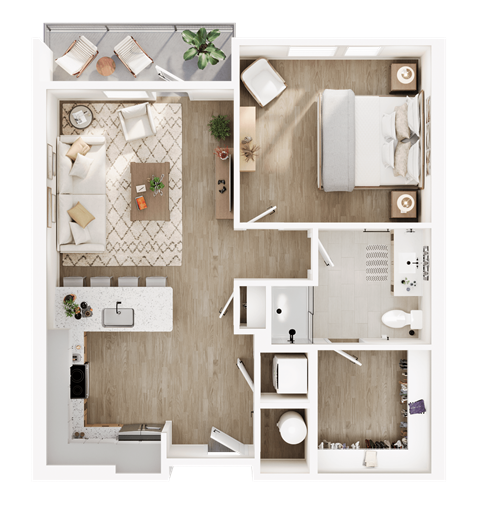 A top-down view of a well-organized apartment with a kitchen, living room, and bedroom.
