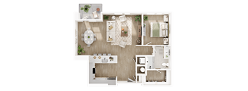 A top-down view of a well-organized apartment with a kitchen, living room, and bedroom.