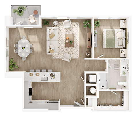 A top-down view of a well-organized apartment with a kitchen, living room, and bedroom.