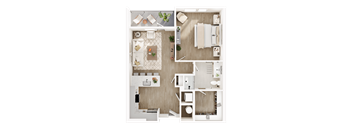 A detailed floor plan of a modern apartment with a kitchen, living room, bedrooms, and bathrooms.