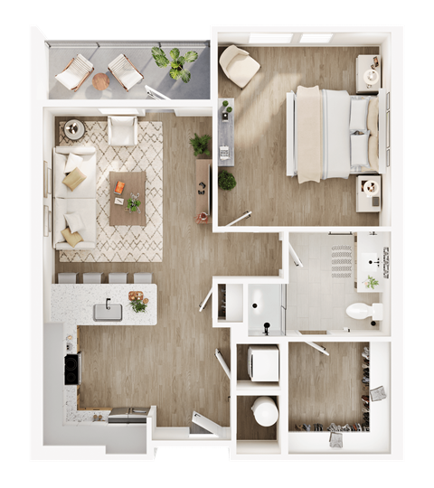 A detailed floor plan of a modern apartment with a kitchen, living room, bedrooms, and bathrooms.