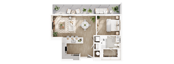 A top-down view of a well-organized kitchen and living room area.