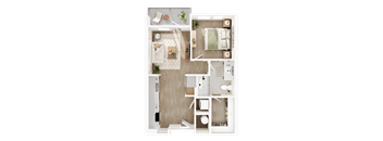 A top-down view of a well-organized apartment with a kitchen, living room, and bathroom.