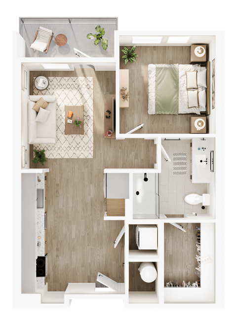 A top-down view of a well-organized apartment with a kitchen, living room, and bathroom.