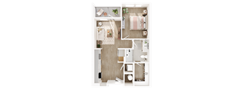A top-down view of a small apartment with a bedroom, living room, and kitchen.