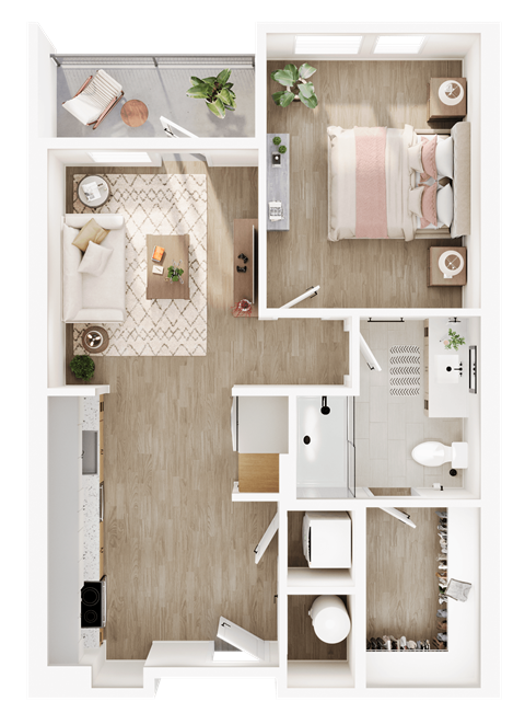 A top-down view of a small apartment with a bedroom, living room, and kitchen.