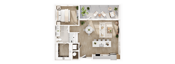A top-down view of a well-organized kitchen and living room area.