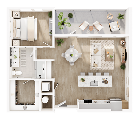 A top-down view of a well-organized kitchen and living room area.