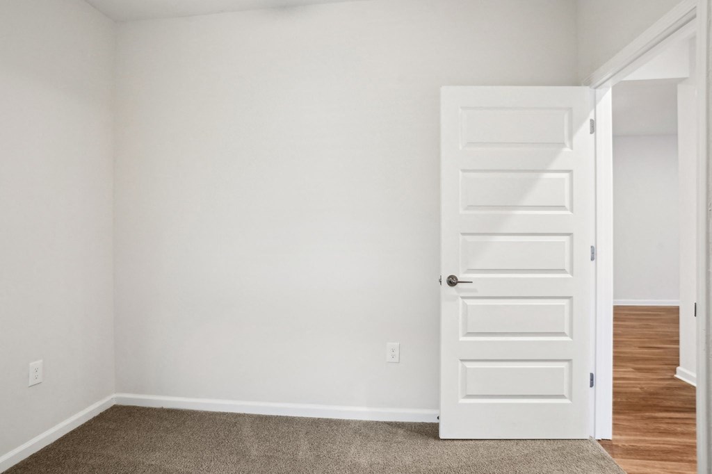 A white door is in a room with a carpet.