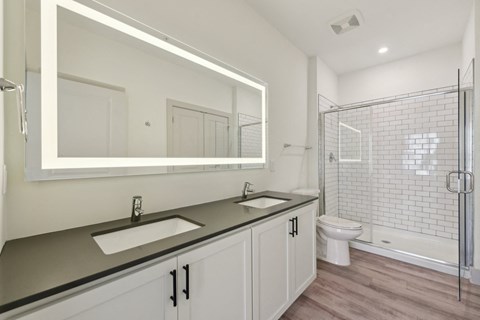 A bathroom with a sink, mirror, toilet, and shower.