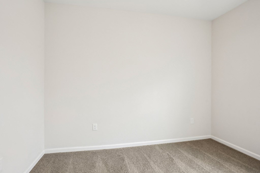 A room with a carpeted floor and a wall socket.