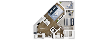 a stylized floor plan of a bedroom with a bathroom and a living room