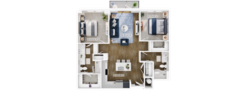 a 3d floor plan of a bedroom with a bathroom and a living room