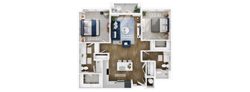 a 3d floor plan of a bedroom with a bathroom and a living room