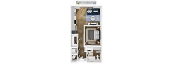 a floor plan of a small apartment with a bedroom and a bathroom