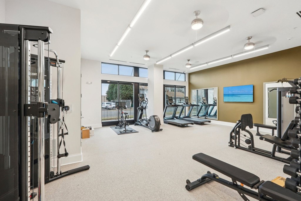 A gym with a variety of equipment including treadmills, weights, and exercise machines.