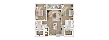 A top-down view of a house layout with multiple rooms and furniture.