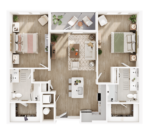 A top-down view of a house layout with multiple rooms and furniture.