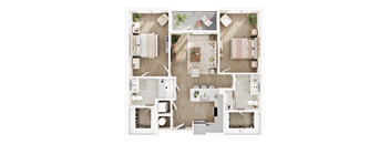 A top-down view of a house layout with multiple rooms and furniture.