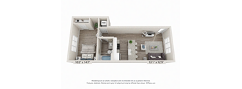 A 3D floor plan of a small apartment with a living room, kitchen, and bedroom.