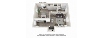 A floor plan of a small apartment with a living room, kitchen, and bathroom.
