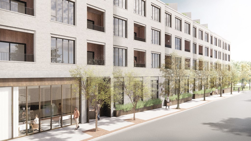 a rendering of a building with a street in front of it