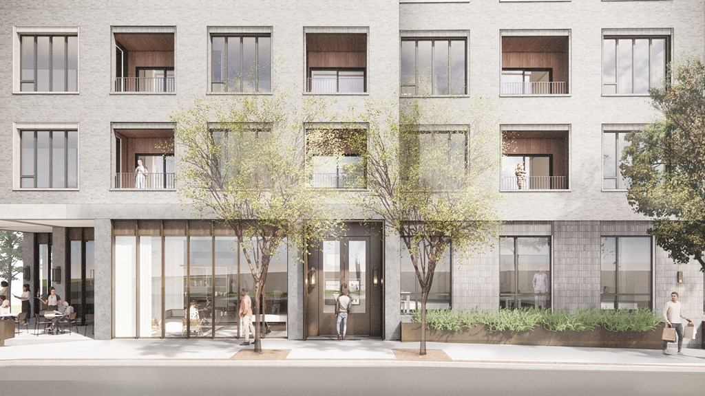 a rendering of a large brick building with people walking in front of it