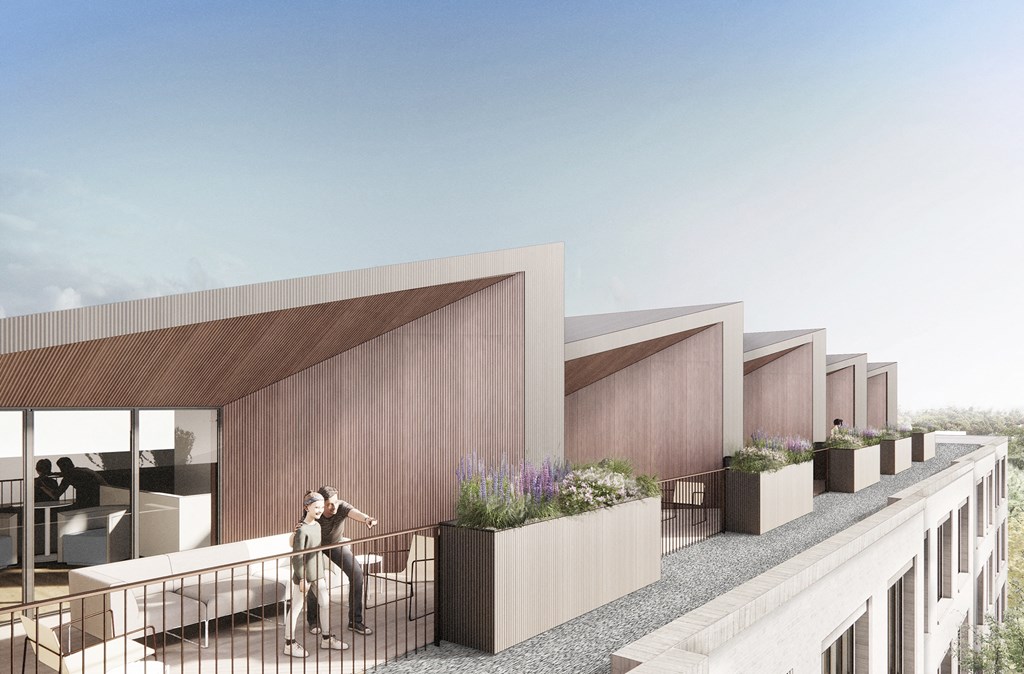 a rendering of a building with people standing on a balcony