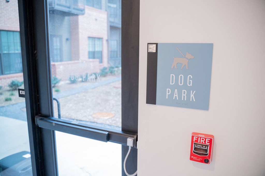 the door to the dog park is next to a window
