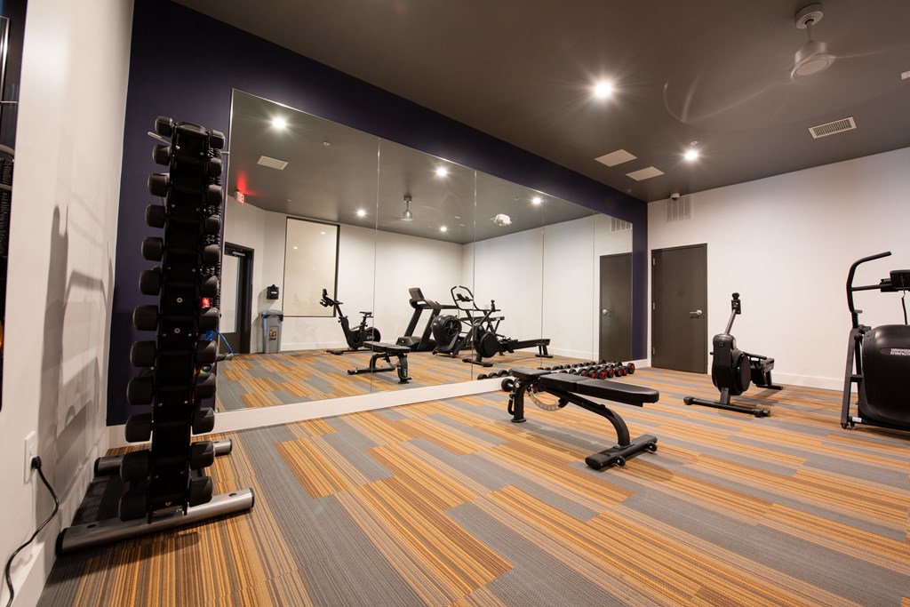 a fitness room with treadmills and other exercise equipment