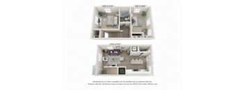 A floor plan of a two-bedroom apartment with dimensions and a disclaimer about the renderings.