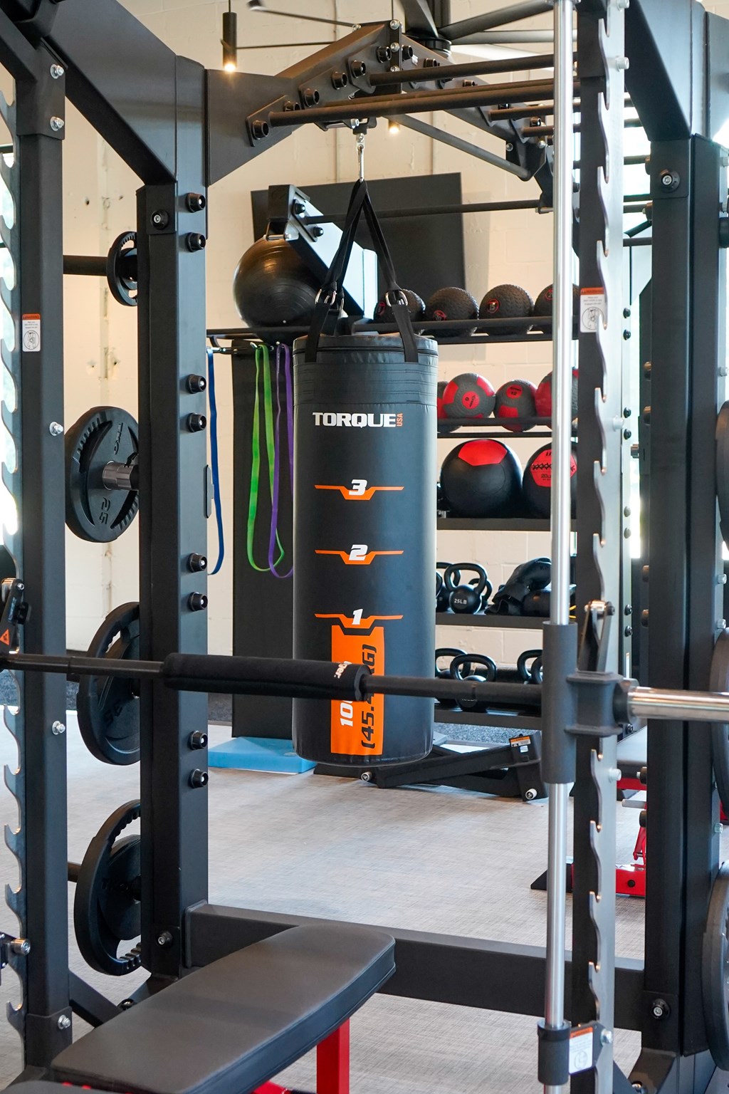 A gym with a weight rack and weights.