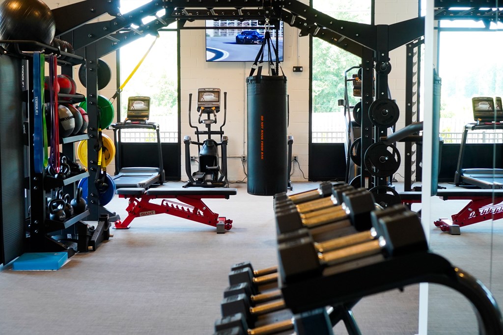 A gym with a variety of equipment including a punching bag, weight bench and barbell.