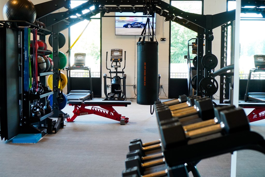 A gym with a variety of equipment including a punching bag, weight bench and dumbbells.