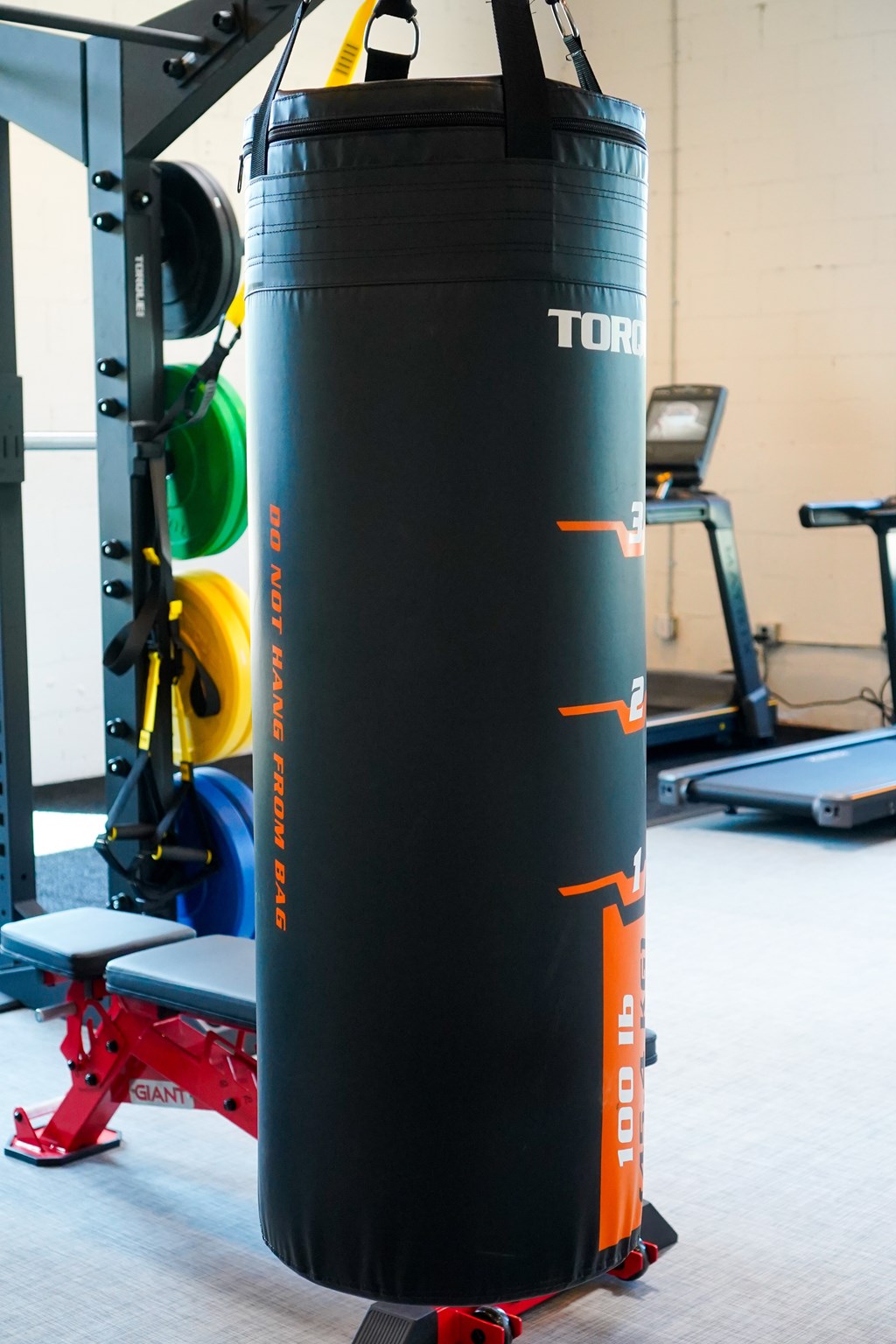 A large black punching bag with the word "TORQ" written on it.