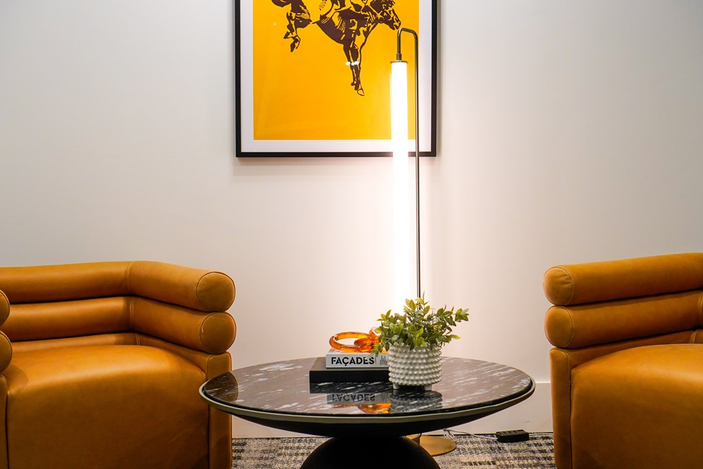 A round table with a small potted plant and a box of tissues on it sits between two chairs.