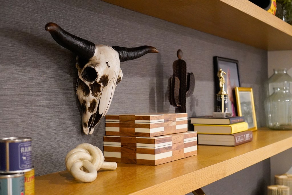 A skull with horns is mounted on a wall above a shelf with books and other items.