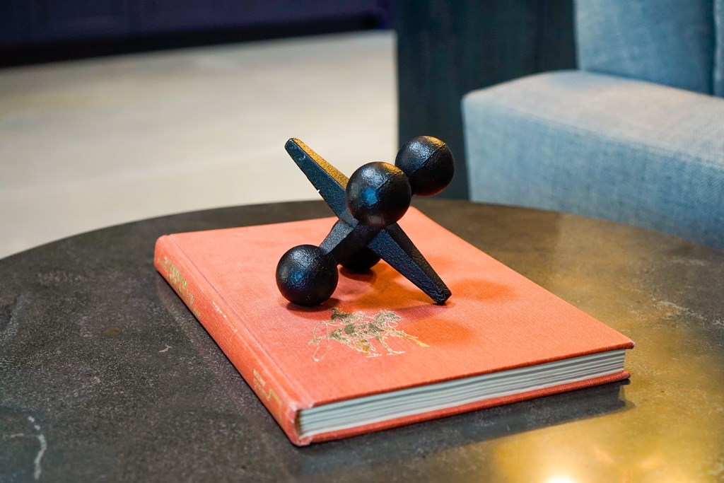 A small black object is balanced on top of a red book.